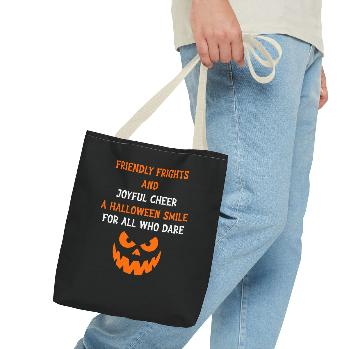 Halloween Jack-O'-Lantern Tote Bag — "Friendly Frights and Joyful Cheer" Trick-or-Treat Reusable Shopper