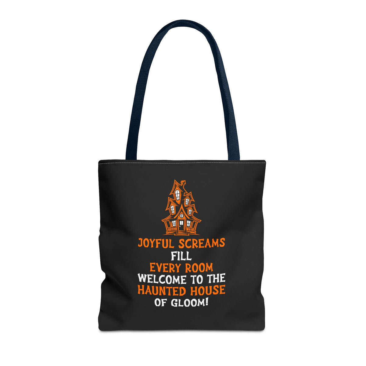 Halloween Haunted House Tote Bag — "Joyful Screams" Trick-or-Treat Reusable Shopper