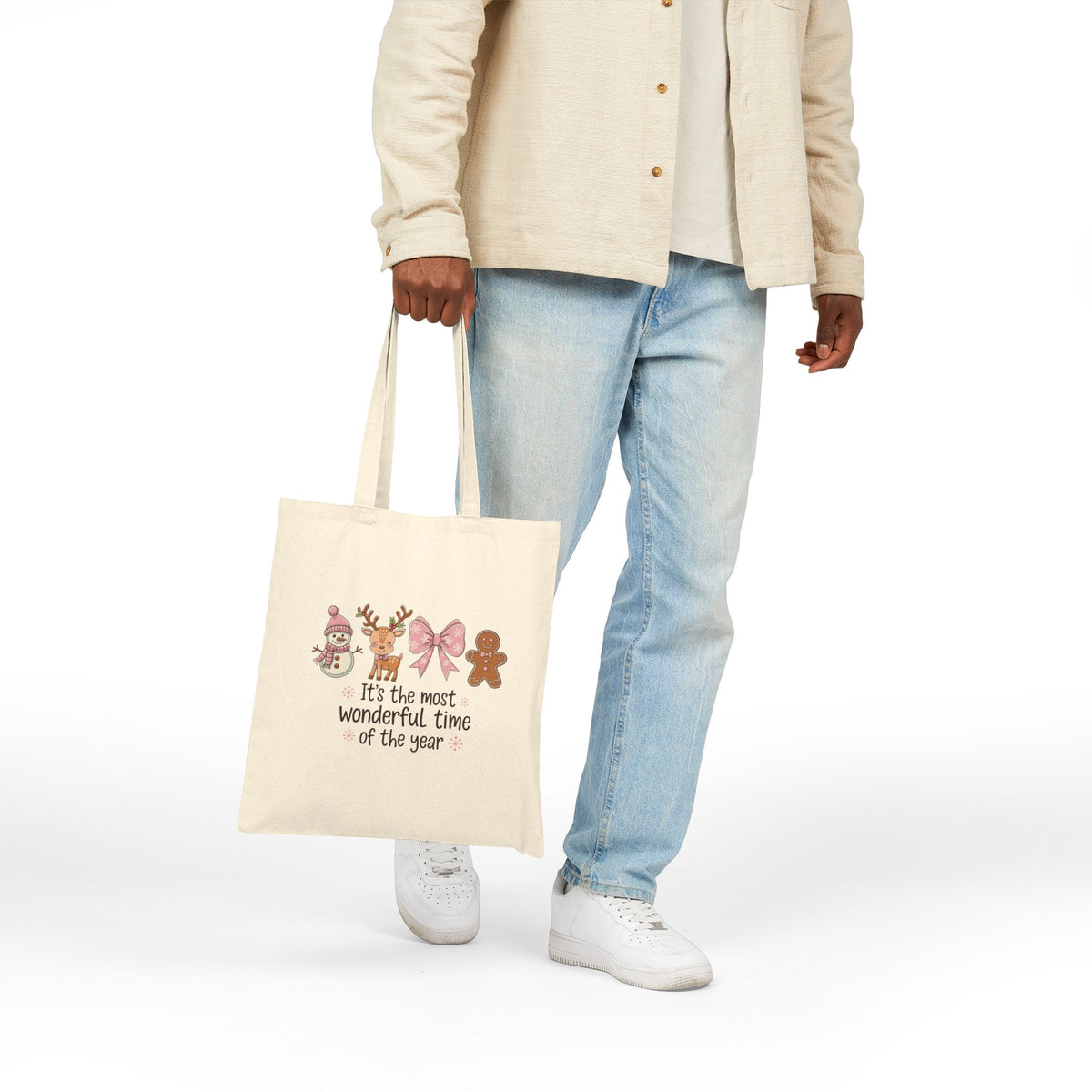 "It's The Most Wonderful Time Of The Year" Pink Holiday Icons Cotton Canvas Tote Bag