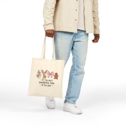 "It's The Most Wonderful Time Of The Year" Pink Holiday Icons Cotton Canvas Tote Bag