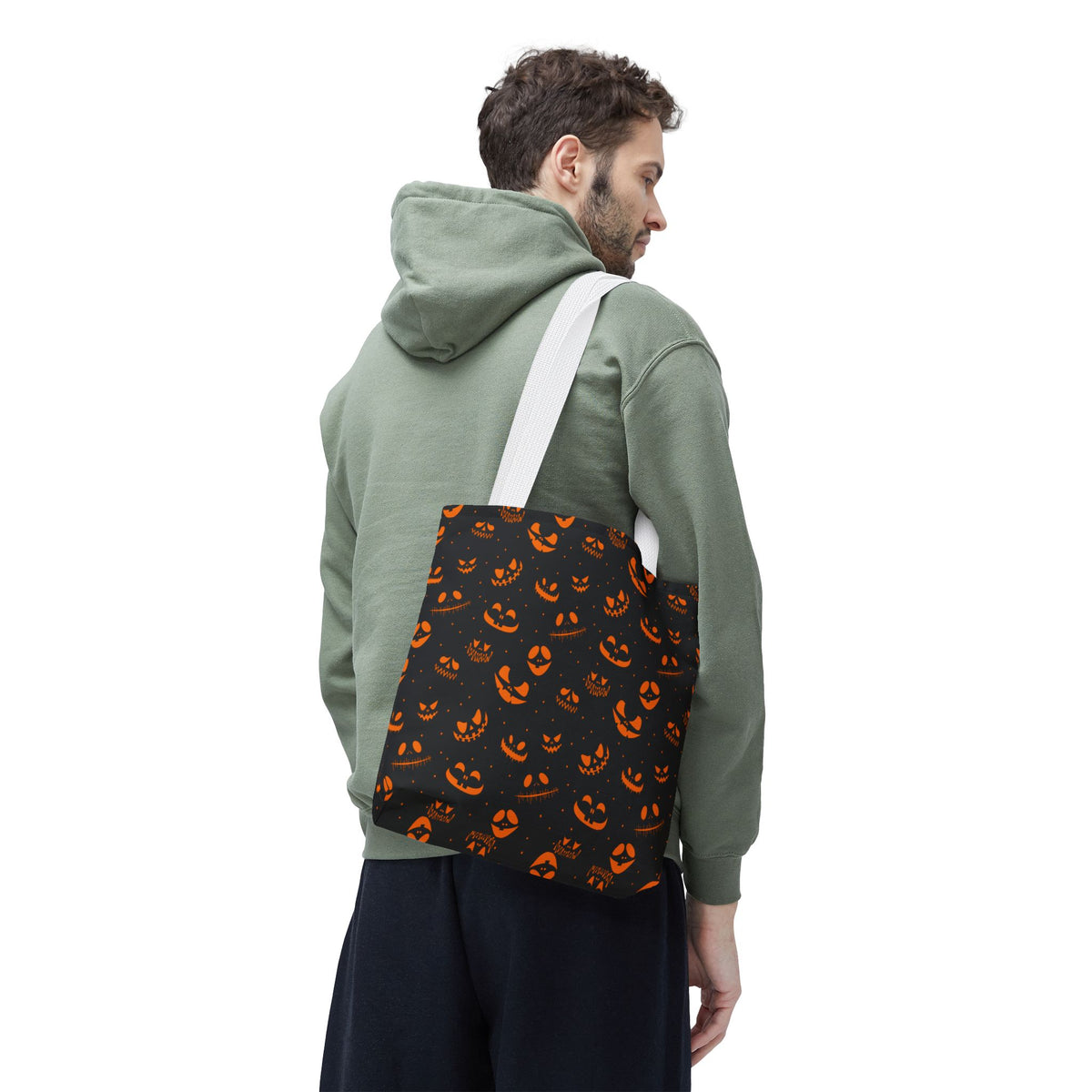 Spooky Jack-O'-Lantern Faces Pattern Tote Bag | Neon Orange & Black Halloween Shopper