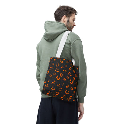 Spooky Jack-O'-Lantern Faces Pattern Tote Bag | Neon Orange & Black Halloween Shopper