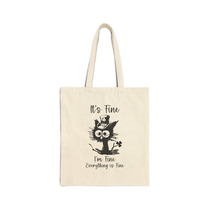 "It's Fine I'm Fine Everything is Fine" St. Patrick's Day Cat Cotton Canvas Tote Bag