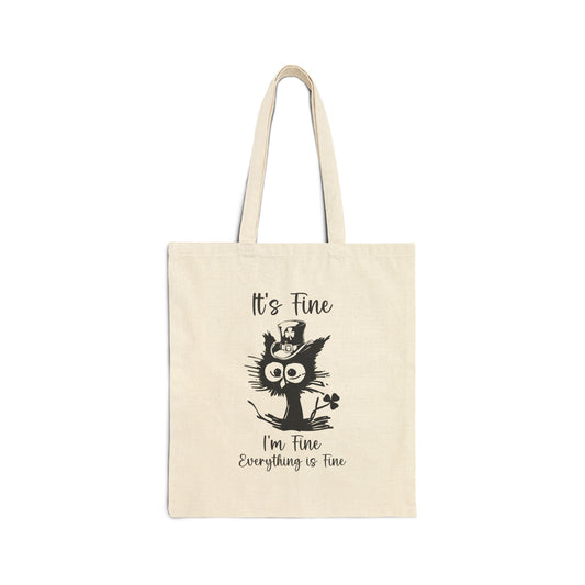 "It's Fine I'm Fine Everything is Fine" St. Patrick's Day Cat Cotton Canvas Tote Bag