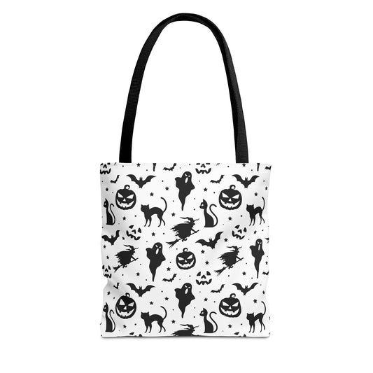 Spooky Halloween Seamless Pattern Tote Bag | Monochromatic Black & White Shopper