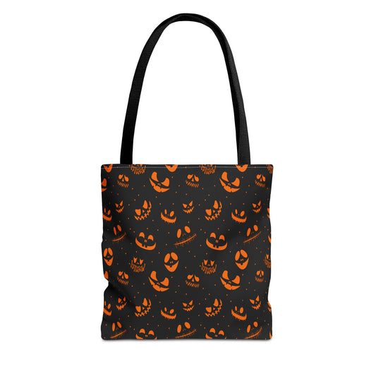 Spooky Jack-O'-Lantern Faces Pattern Tote Bag | Neon Orange & Black Halloween Shopper
