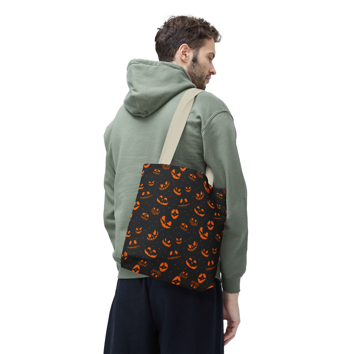 Spooky Jack-O'-Lantern Faces Pattern Tote Bag | Neon Orange & Black Halloween Shopper