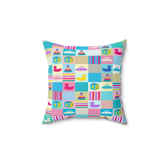 Baby Playtime Toy Pattern Faux Suede Square Pillow | Cute Nursery & Kids Room Decor