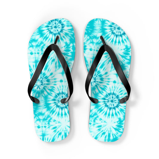 Cyan Blue Tie Dye Spiral Beach Flip Flops — Ocean Wave Summer Sandals