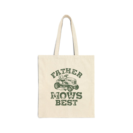 "Father Mows Best" Lawn Mower Funny Father's Day Cotton Canvas Tote Bag