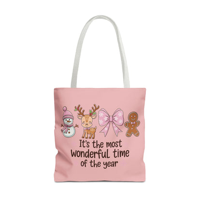 "It's The Most Wonderful Time Of The Year" Pink Holiday Icons Polyester Tote Bag