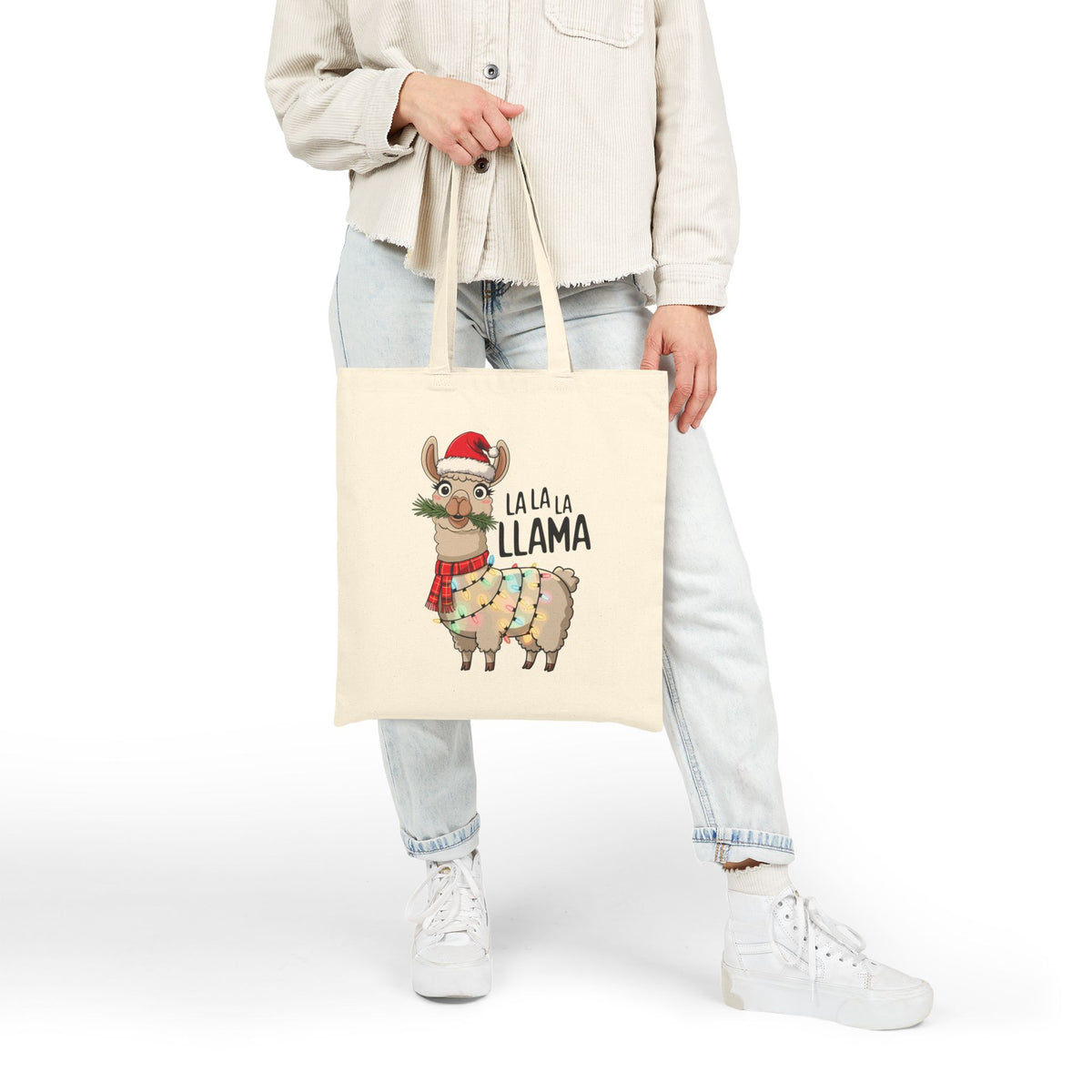 "La La La Llama" Christmas Llama Festive Holiday Cotton Canvas Tote Bag