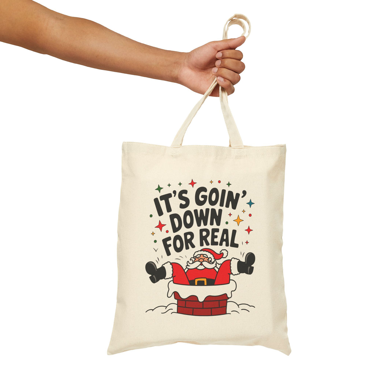 "It's Goin' Down For Real" Santa Stuck in Chimney Funny Christmas Cotton Canvas Tote Bag