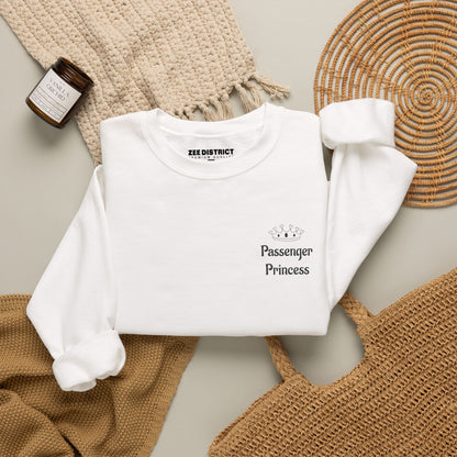 Personalized Passenger Princess Embroidered Crewneck Sweatshirt — Custom Name & Date Sleeve Detail