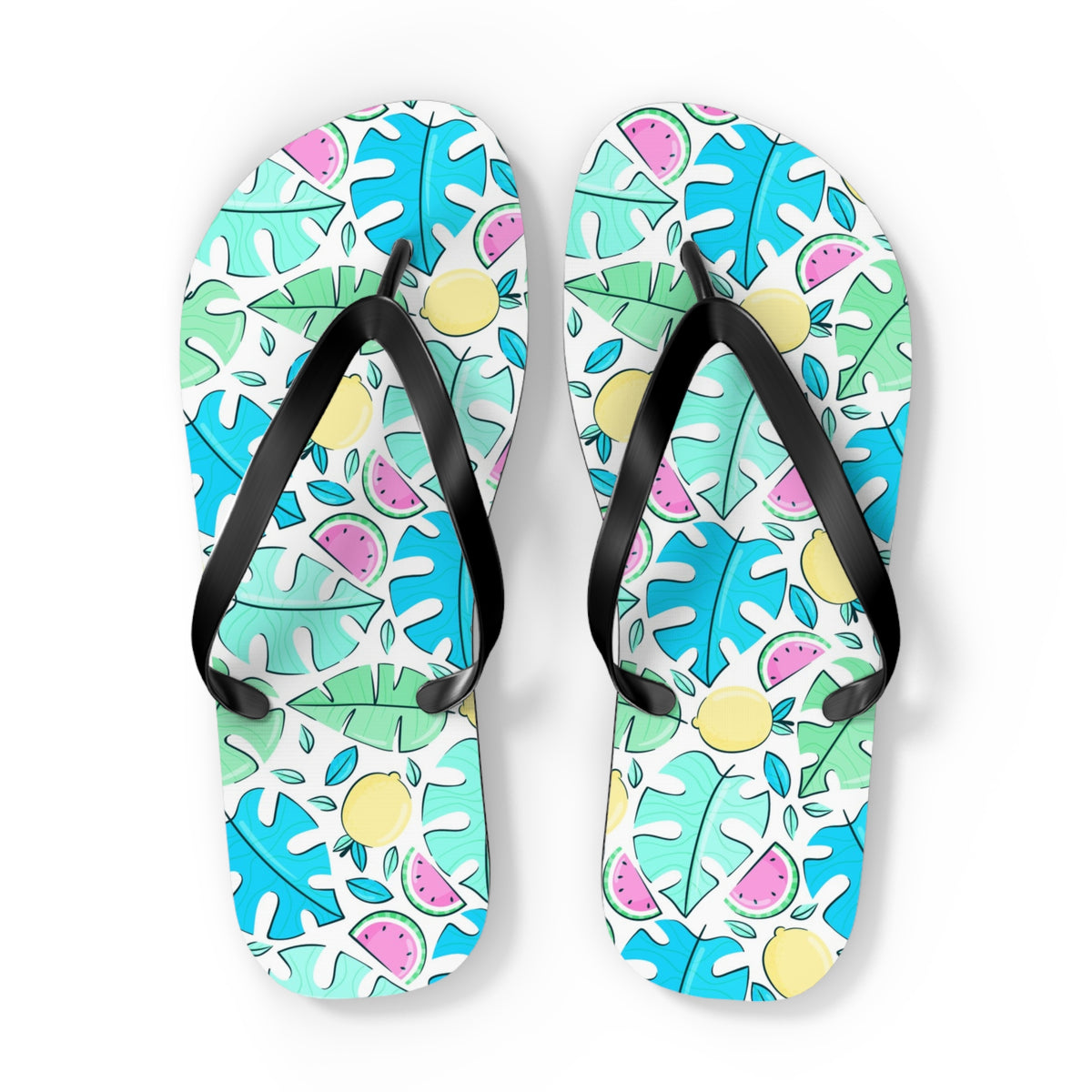 Tropical Watermelon & Lemon Summer Flip Flops — Playful Fruit & Leaf Sandals