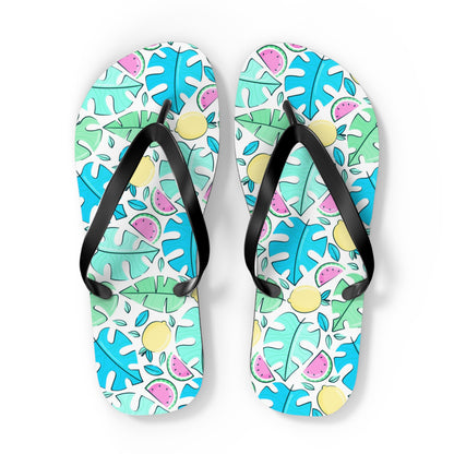 Tropical Watermelon & Lemon Summer Flip Flops — Playful Fruit & Leaf Sandals