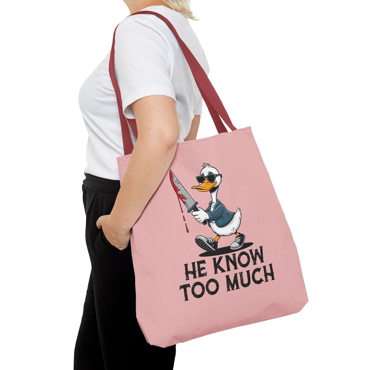 "He Know Too Much" Chaos Duck With Knife Funny Polyester Tote Bag