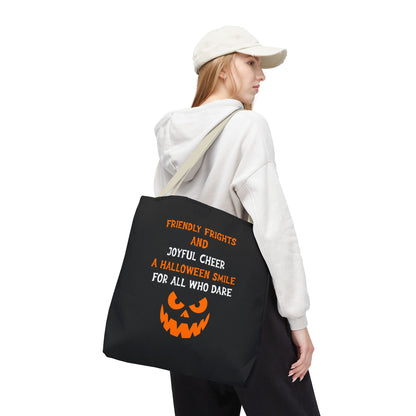 Halloween Jack-O'-Lantern Tote Bag — "Friendly Frights and Joyful Cheer" Trick-or-Treat Reusable Shopper