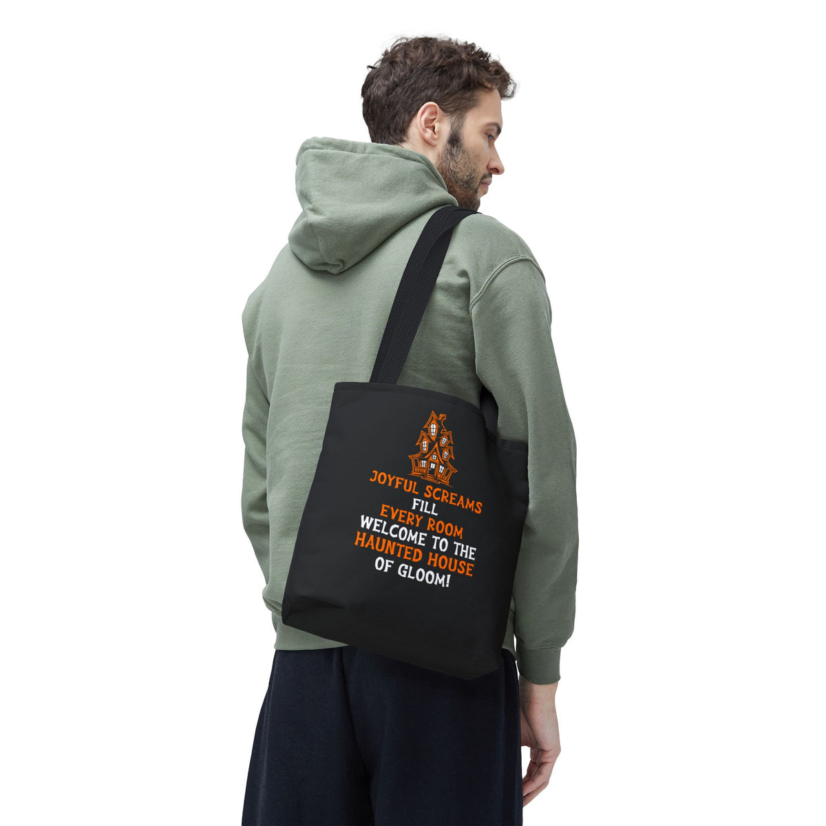 Halloween Haunted House Tote Bag — "Joyful Screams" Trick-or-Treat Reusable Shopper