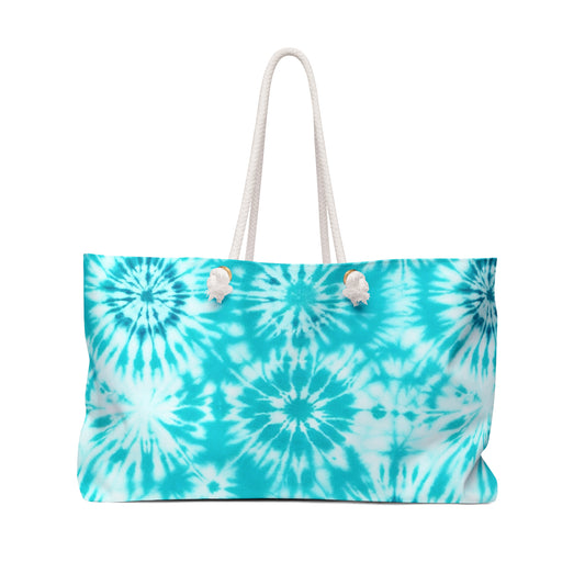 Cyan Blue Tie Dye Spiral Beach Weekender Bag — Oversized Travel Tote
