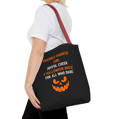 Halloween Jack-O'-Lantern Tote Bag — "Friendly Frights and Joyful Cheer" Trick-or-Treat Reusable Shopper
