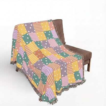 Colorful Patchwork Hearts & Stars Woven Throw Blanket