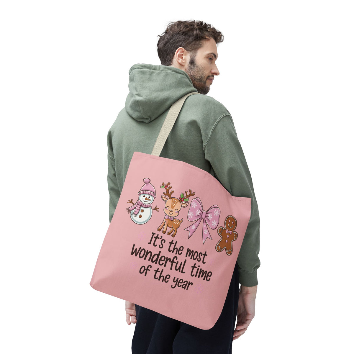 "It's The Most Wonderful Time Of The Year" Pink Holiday Icons Polyester Tote Bag