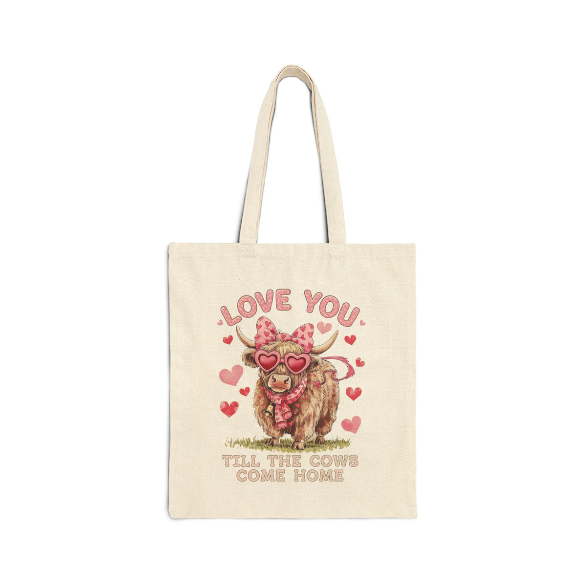"Love You Till The Cows Come Home" Highland Cow Heart Sunglasses Cotton Canvas Tote Bag