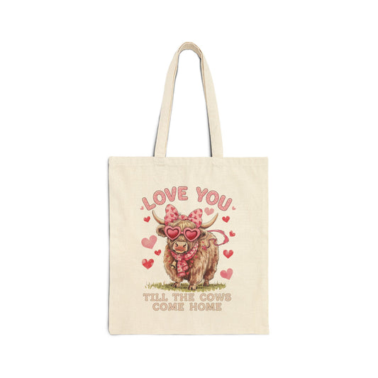 "Love You Till The Cows Come Home" Highland Cow Heart Sunglasses Cotton Canvas Tote Bag