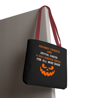 Halloween Jack-O'-Lantern Tote Bag — "Friendly Frights and Joyful Cheer" Trick-or-Treat Reusable Shopper