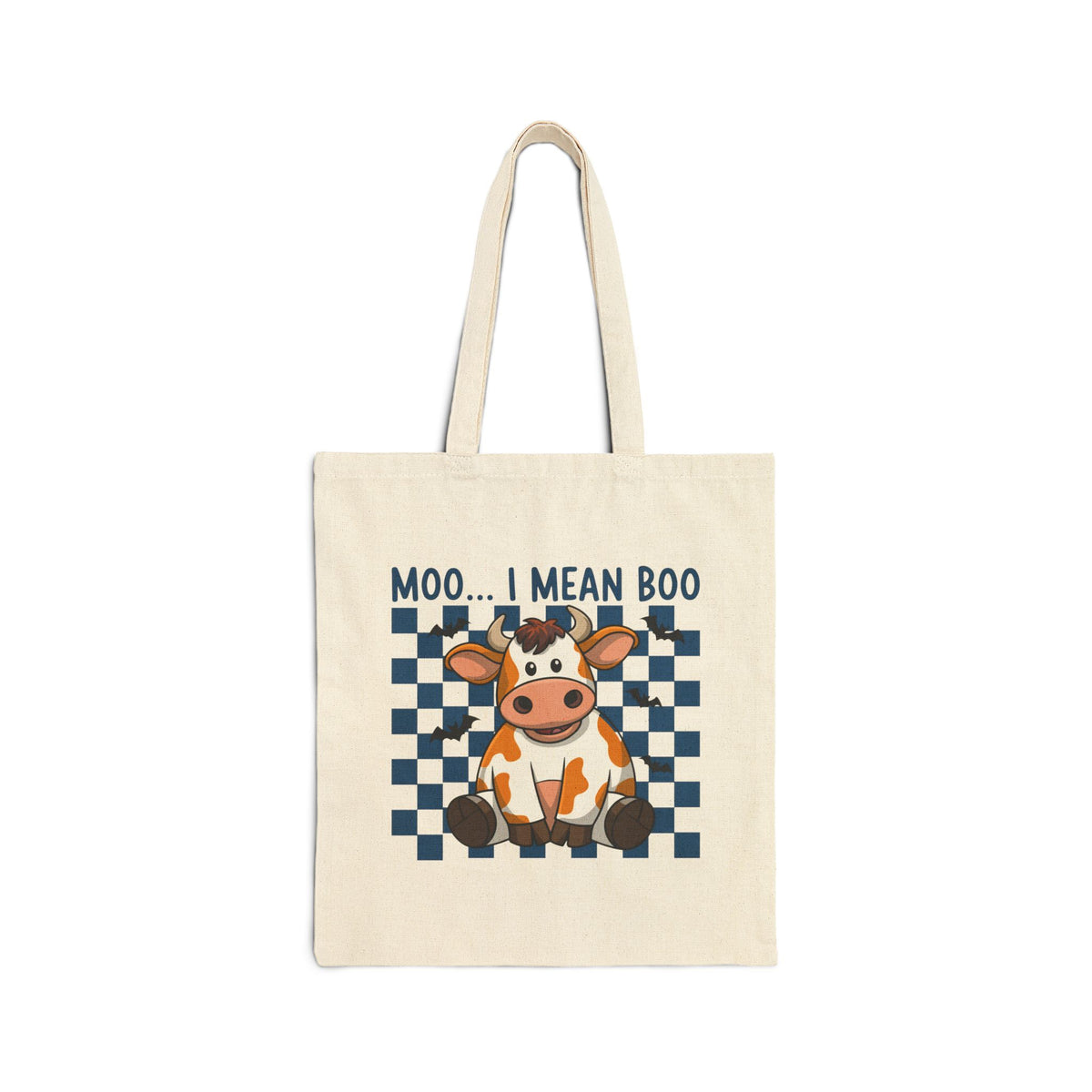 "Moo... I Mean Boo" Cute Halloween Cow Checkerboard Cotton Canvas Tote Bag