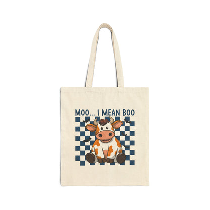 "Moo... I Mean Boo" Cute Halloween Cow Checkerboard Cotton Canvas Tote Bag