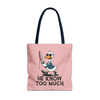 "He Know Too Much" Chaos Duck With Knife Funny Polyester Tote Bag