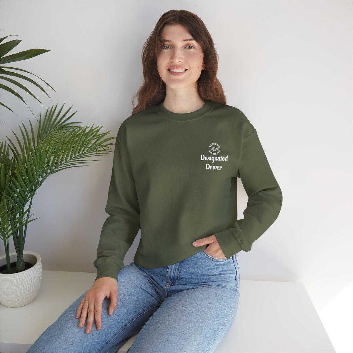Personalized Designated Driver Embroidered Crewneck Sweatshirt — Custom Name & Date Sleeve Detail