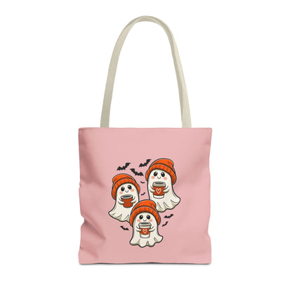 "Spooky Coffee Squad" Cute Ghosts With Beanies Polyester Tote Bag