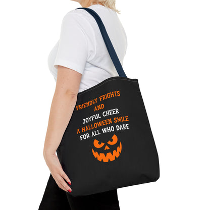 Halloween Jack-O'-Lantern Tote Bag — "Friendly Frights and Joyful Cheer" Trick-or-Treat Reusable Shopper