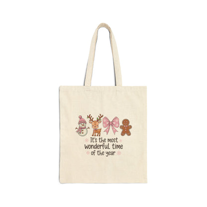 "It's The Most Wonderful Time Of The Year" Pink Holiday Icons Cotton Canvas Tote Bag