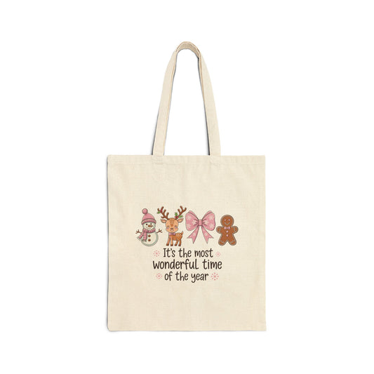 "It's The Most Wonderful Time Of The Year" Pink Holiday Icons Cotton Canvas Tote Bag