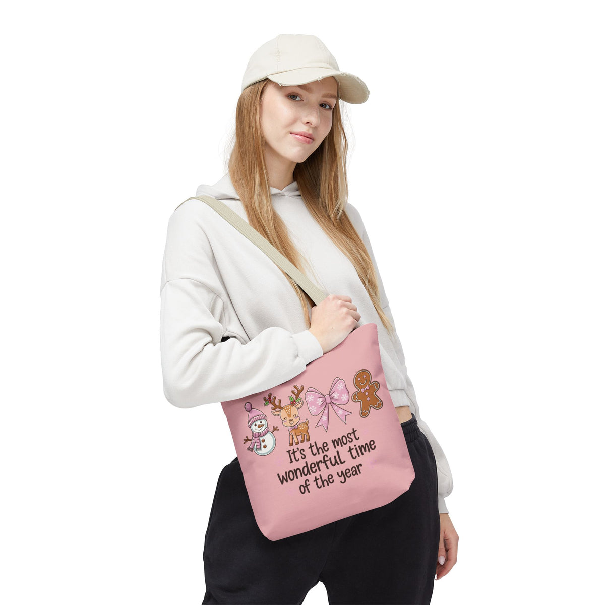 "It's The Most Wonderful Time Of The Year" Pink Holiday Icons Polyester Tote Bag