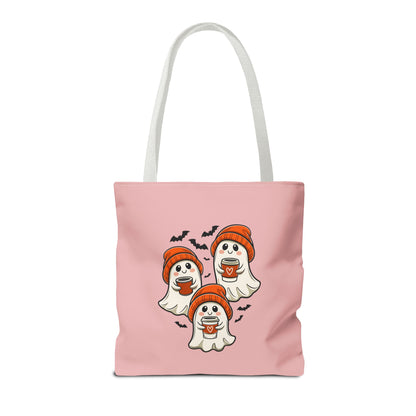"Spooky Coffee Squad" Cute Ghosts With Beanies Polyester Tote Bag