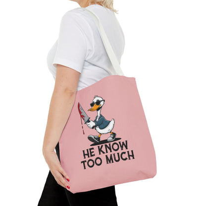 "He Know Too Much" Chaos Duck With Knife Funny Polyester Tote Bag