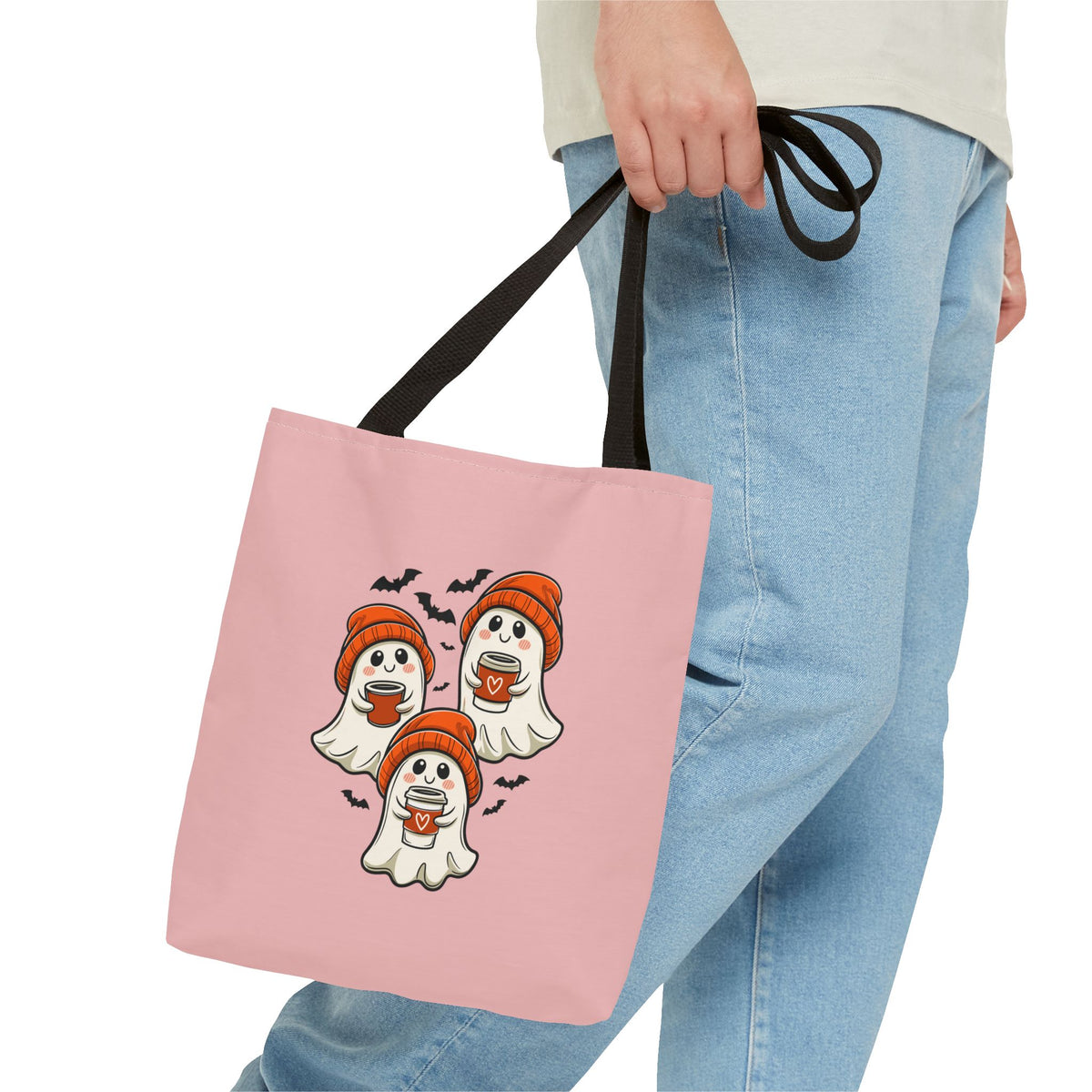"Spooky Coffee Squad" Cute Ghosts With Beanies Polyester Tote Bag