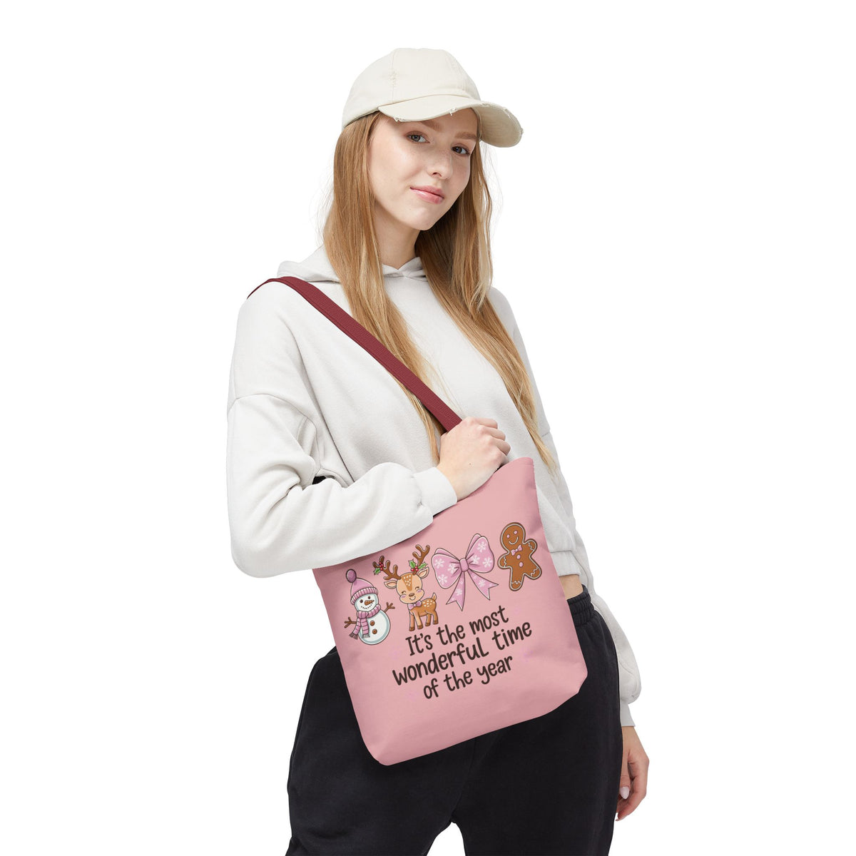 "It's The Most Wonderful Time Of The Year" Pink Holiday Icons Polyester Tote Bag