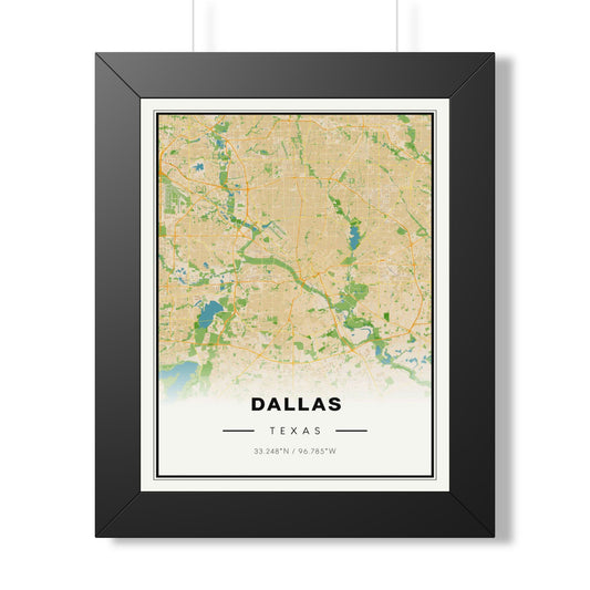 Framed Dallas Map Poster - Vertical City Map Print with Coordinates