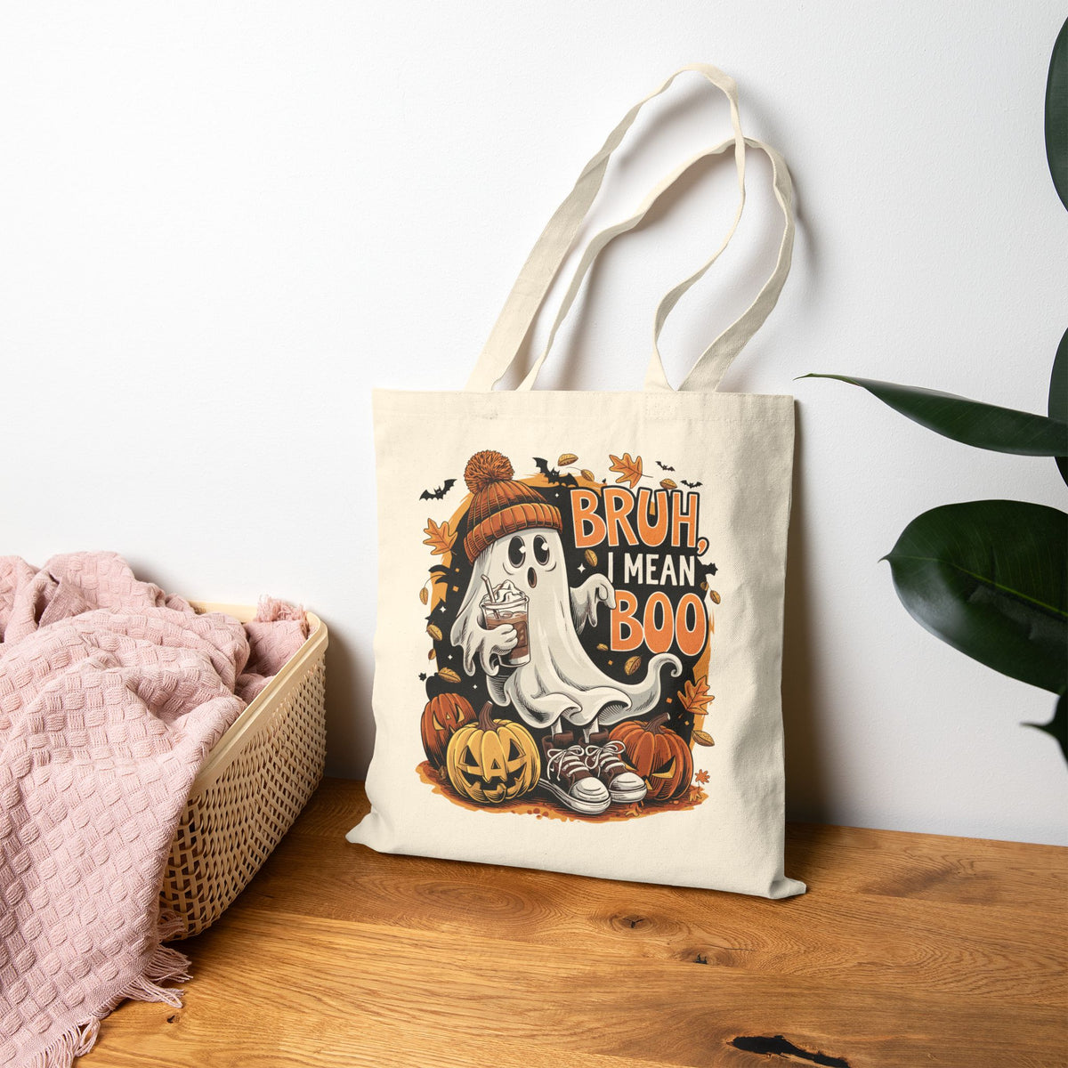 "Bruh, I Mean Boo" Cute Ghost Fall Aesthetic Cotton Canvas Tote Bag