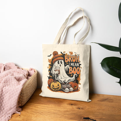 "Bruh, I Mean Boo" Cute Ghost Fall Aesthetic Cotton Canvas Tote Bag
