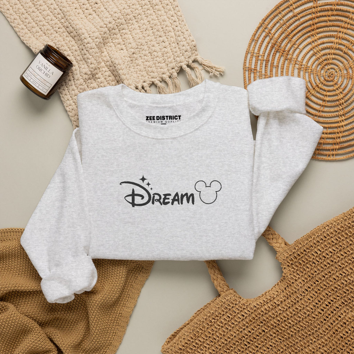 Minimalist Magic Dream Crewneck Sweatshirt — Embroidered Mouse Silhouette & Script