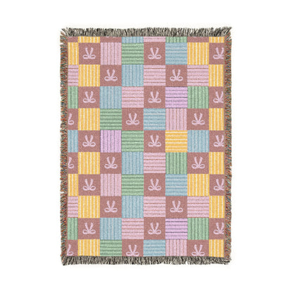 Cozy Patchwork & Pink Bows Woven Throw Blanket