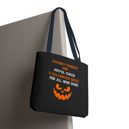 Halloween Jack-O'-Lantern Tote Bag — "Friendly Frights and Joyful Cheer" Trick-or-Treat Reusable Shopper