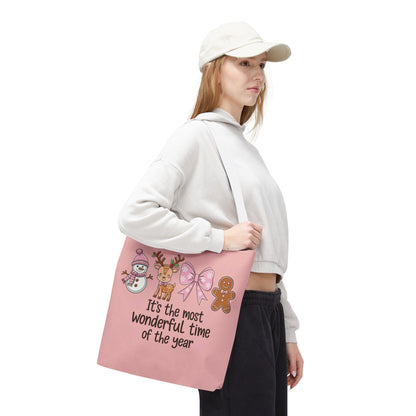 "It's The Most Wonderful Time Of The Year" Pink Holiday Icons Polyester Tote Bag